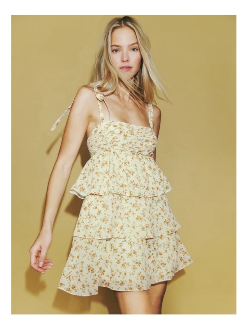 Reformation Avni Cream Babydoll Twee Boho Floral Tiered Tie-Strap Mini Dress